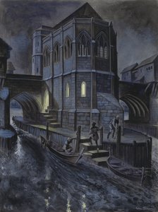 Denkbeeldige reconstructie van de eerste kapel op de Oude London Bridge door Peter Jackson